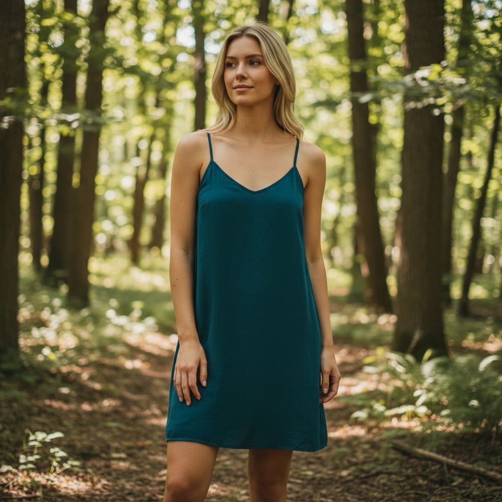 Divided by H&M Teal Blue Silky Strappy Sleeve Mini Slip Cocktail Dress - Picture 2 of 8